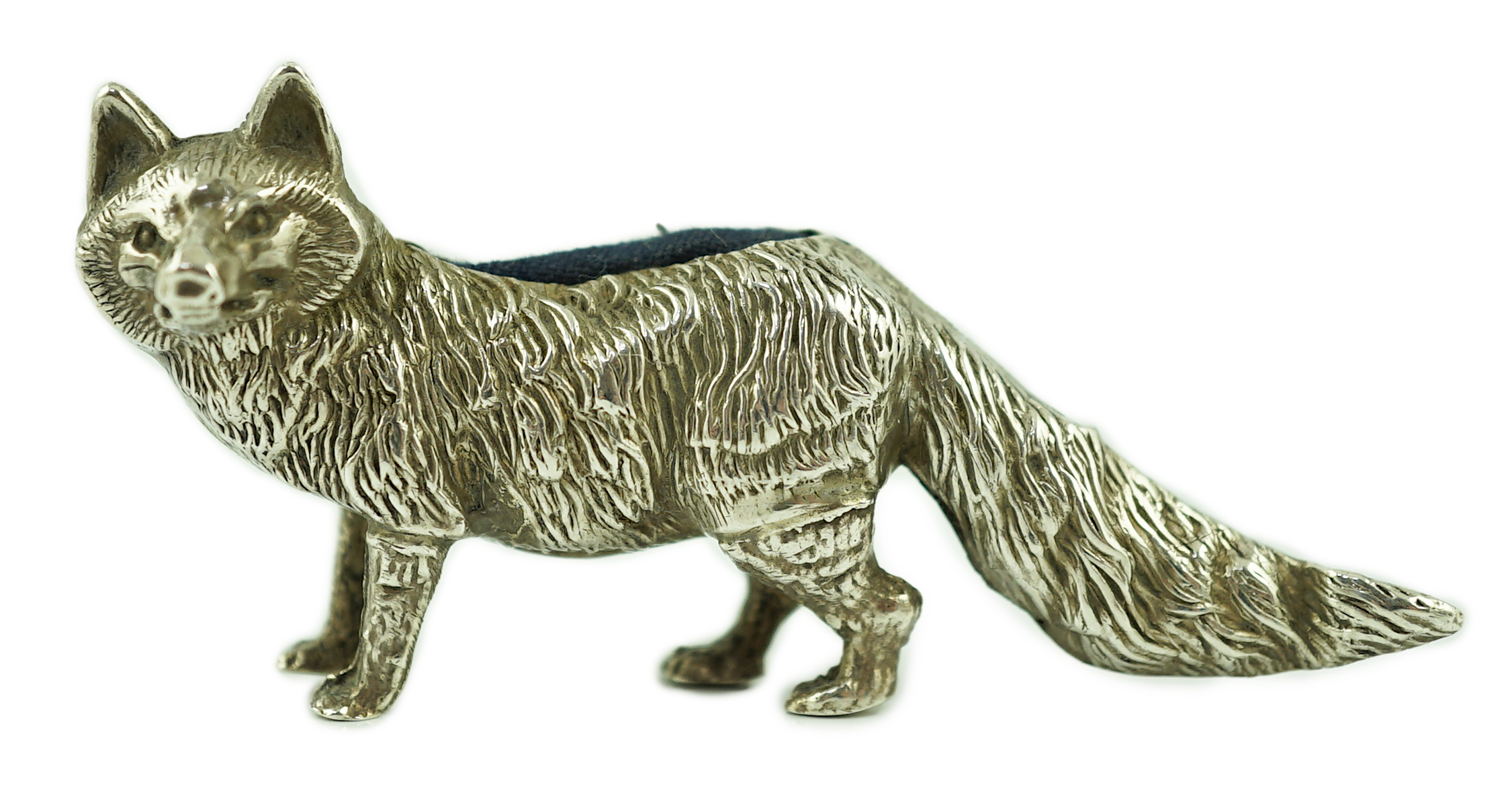 An Edwardian novelty silver pin cushion, modelled as a fox, Levi & Salaman